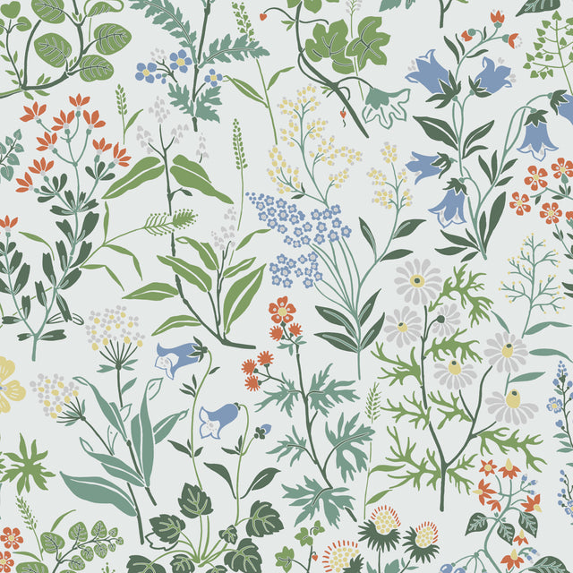Flora wallpaper by Boråstapeter for Schumacher, featuring a lively allover pattern of wildflowers in ivory and multicolor.