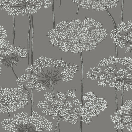 Ingrid grey wallpaper by Boråstapeter for Schumacher, featuring delicate Queen Anne's lace floral pattern.