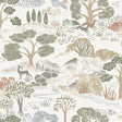 Diana wallpaper by Boråstapeter for Schumacher featuring a serene Art Deco forest scene with deer and trees in natural colors.
