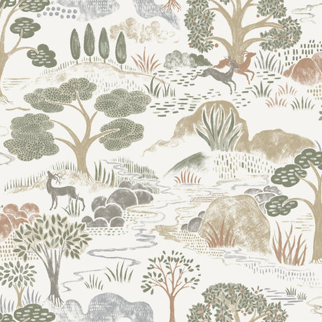 Diana wallpaper by Boråstapeter for Schumacher featuring a serene Art Deco forest scene with deer and trees in natural colors.