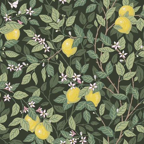 Citronträd wallpaper by Boråstapeter for Schumacher featuring lush green leaves, yellow lemons, and delicate butterflies in an Arts and Crafts style.