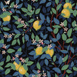 Citronträd wallpaper by Boråstapeter for Schumacher, featuring hand-painted lemon trees, butterflies, and Mediterranean floral motifs in spruce and blue.