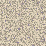 Olive branch botanical wallpaper in leaf and natural colors with purple olives, Mediterranean-inspired design by Boråstapeter for Schumacher.