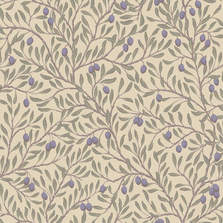 Olive branch botanical wallpaper in leaf and natural colors with purple olives, Mediterranean-inspired design by Boråstapeter for Schumacher.