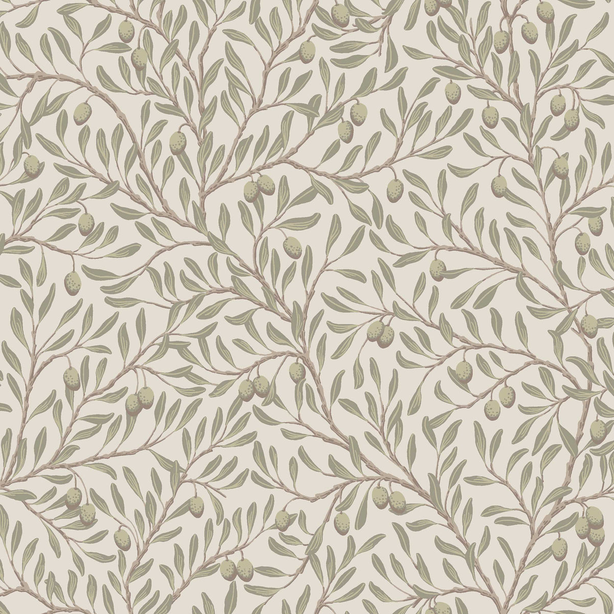 Olive branch botanical wallpaper in leaf green and ivory by Boråstapeter for Schumacher, pattern OLIVTRÄD 5705.