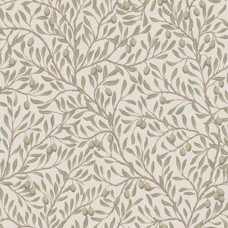 Olive branch botanical wallpaper in leaf green and ivory by Boråstapeter for Schumacher, pattern OLIVTRÄD 5705.