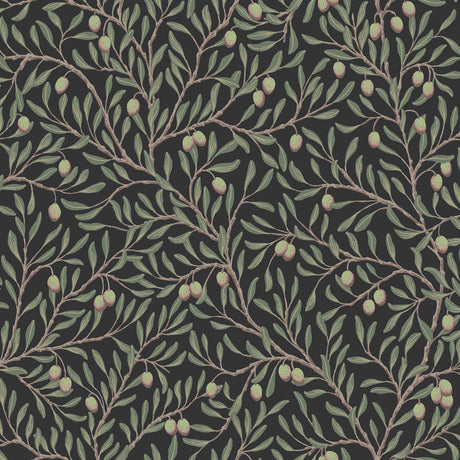 Olivträd wallpaper by Boråstapeter for Schumacher featuring a dense pattern of leafy olive branches and ripe fruit in spruce and midnight colors.