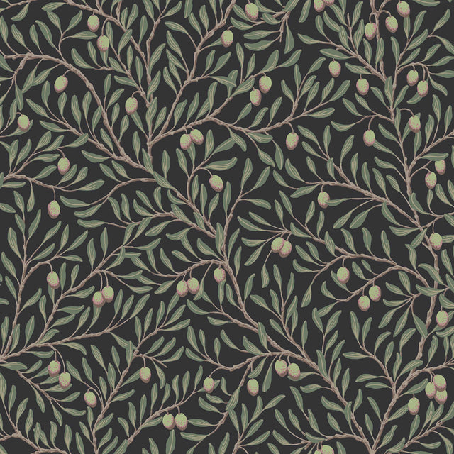 Olivträd wallpaper by Boråstapeter for Schumacher featuring a dense pattern of leafy olive branches and ripe fruit in spruce and midnight colors.