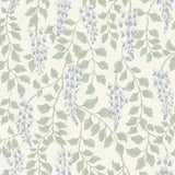 Blåregn wallpaper by Boråstapeter for Schumacher featuring trailing wisteria blossoms in lilac and green on a light background.