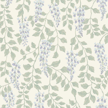 Blåregn wallpaper by Boråstapeter for Schumacher featuring trailing wisteria blossoms in lilac and green on a light background.