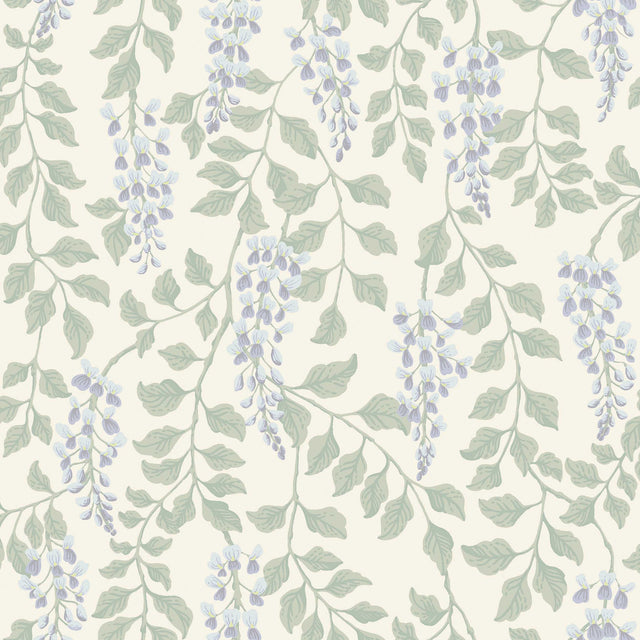 Blåregn wallpaper by Boråstapeter for Schumacher featuring trailing wisteria blossoms in lilac and green on a light background.