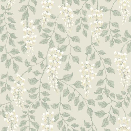 Trailing wisteria blossoms in a leaf green colorway on a contemporary floral wallpaper by Boråstapeter for Schumacher.