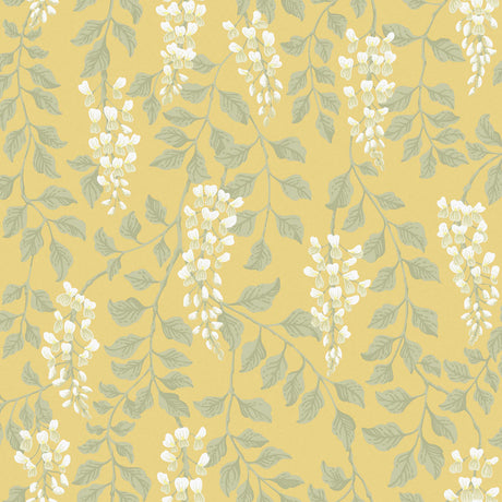 Yellow wallpaper with trailing wisteria blossoms and green leaves, Blåregn by Boråstapeter for Schumacher.