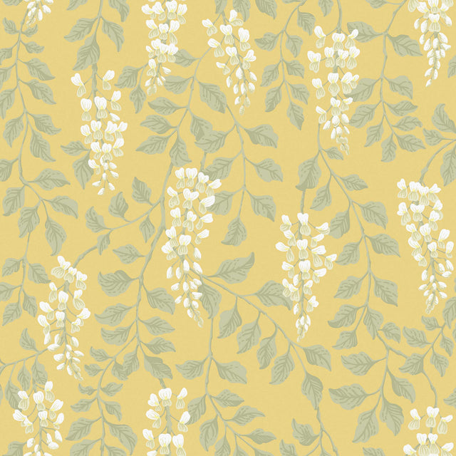 Yellow wallpaper with trailing wisteria blossoms and green leaves, Blåregn by Boråstapeter for Schumacher.
