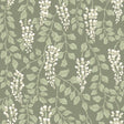 Trailing wisteria floral wallpaper in sage green and white by Boråstapeter, Blåregn pattern, Schumacher 5710