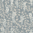 Slate blue wallpaper with trailing wisteria blossoms and leaves in a romantic floral pattern by Boråstapeter for Schumacher.