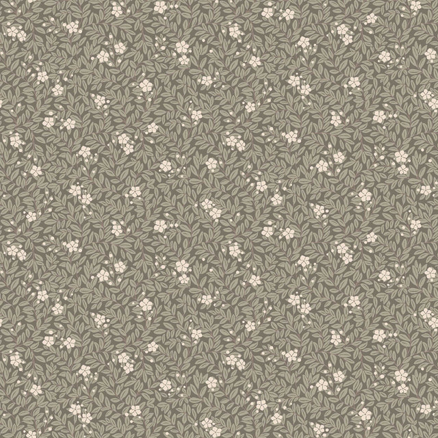 Myrten wallpaper in olive by Boråstapeter for Schumacher, featuring a hand-painted myrtle leaf and flower pattern in an Arts and Crafts style.