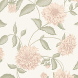 Blush dahlia floral wallpaper with trailing leaves by Boråstapeter for Schumacher, styled in a contemporary room.