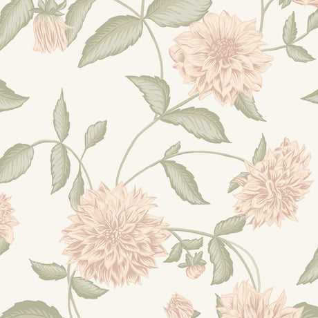 Blush dahlia floral wallpaper with trailing leaves by Boråstapeter for Schumacher, styled in a contemporary room.