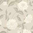 Large-scale dahlia blossoms and trailing leaves in a romantic floral wallpaper design in leaf green and cream by Boråstapeter for Schumacher.