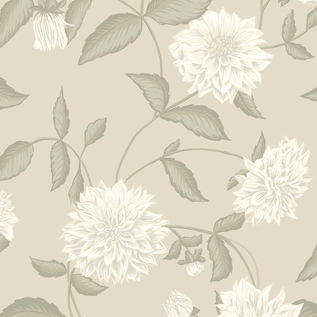 Large-scale dahlia blossoms and trailing leaves in a romantic floral wallpaper design in leaf green and cream by Boråstapeter for Schumacher.