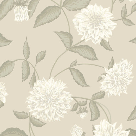 Large-scale dahlia blossoms and trailing leaves in a romantic floral wallpaper design in leaf green and cream by Boråstapeter for Schumacher.
