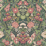 A detailed, mirrored botanical wallpaper pattern featuring stylized poppies, chamomile, and other flowering herbs in spruce and midnight colors, inspired by medicinal herb gardens.