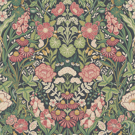 A detailed, mirrored botanical wallpaper pattern featuring stylized poppies, chamomile, and other flowering herbs in spruce and midnight colors, inspired by medicinal herb gardens.