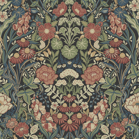 A lavishly detailed Arts and Crafts style botanical wallpaper with stylized poppies, chamomile, and herbs in a mirrored design by Boråstapeter for Schumacher.