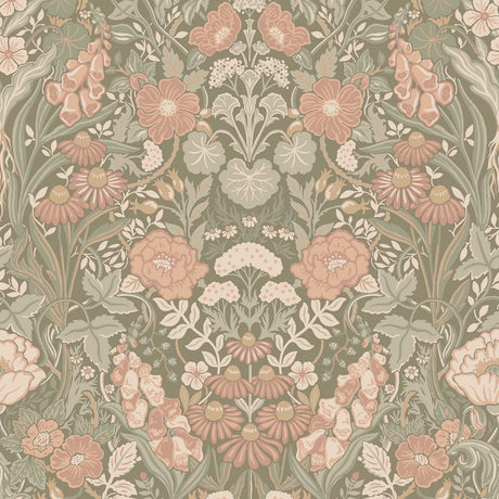 Blush and sage botanical floral wallpaper with Arts and Crafts Scandinavian design by Boråstapeter for Schumacher