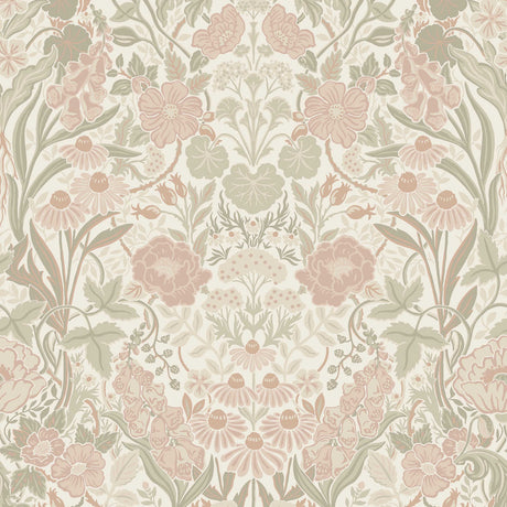Blush and ivory botanical floral wallpaper with intricate mirrored design inspired by medicinal herb gardens, featuring stylized poppies, chamomile, and other flowering herbs.