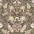 A lavishly detailed allover botanical wallpaper pattern in natural and cocoa tones, featuring stylized poppies, chamomile, and other herbs.