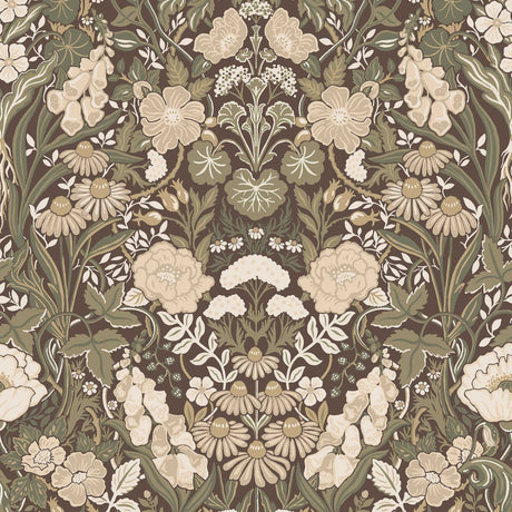 A lavishly detailed allover botanical wallpaper pattern in natural and cocoa tones, featuring stylized poppies, chamomile, and other herbs.