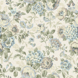 Boråstapeter Hortensia blue floral wallpaper with hydrangeas, dahlias, roses, and carnations in a romantic country-house style