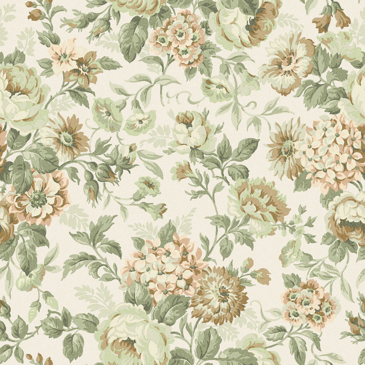 Hortensia Blush by Boråstapeter, a romantic floral wallpaper with hydrangeas, dahlias, roses, and carnations in blush and green tones.