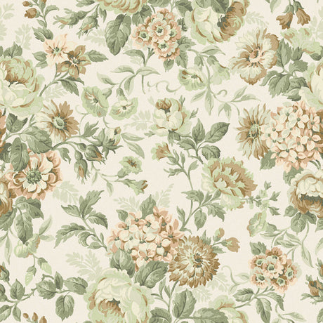 Hortensia Blush by Boråstapeter, a romantic floral wallpaper with hydrangeas, dahlias, roses, and carnations in blush and green tones.