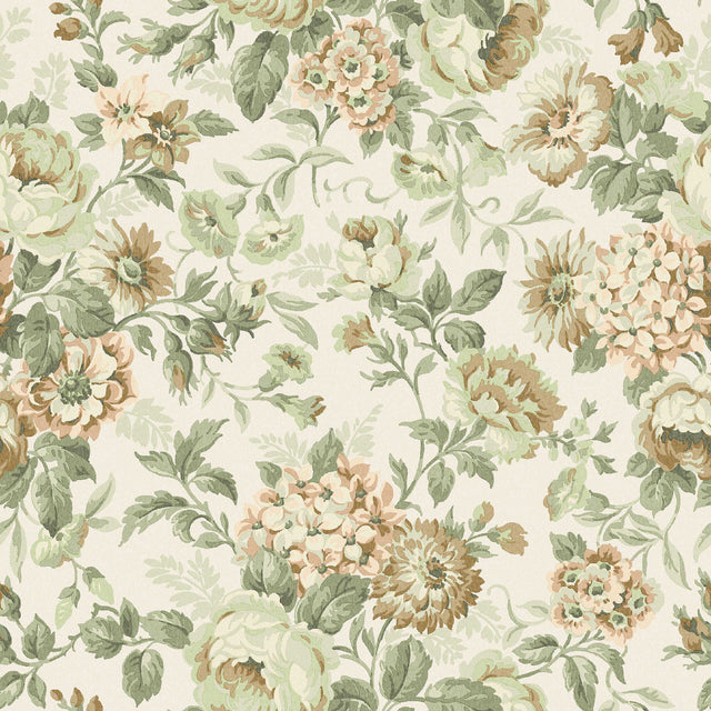 Hortensia Blush by Boråstapeter, a romantic floral wallpaper with hydrangeas, dahlias, roses, and carnations in blush and green tones.