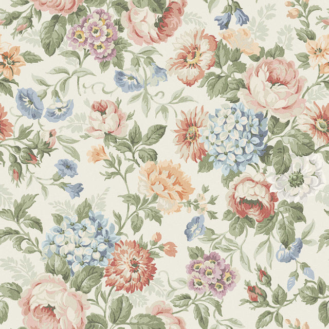 Hortensia floral wallpaper by Boråstapeter for Schumacher, featuring hydrangeas, dahlias, roses, and carnations in a multicolor palette.