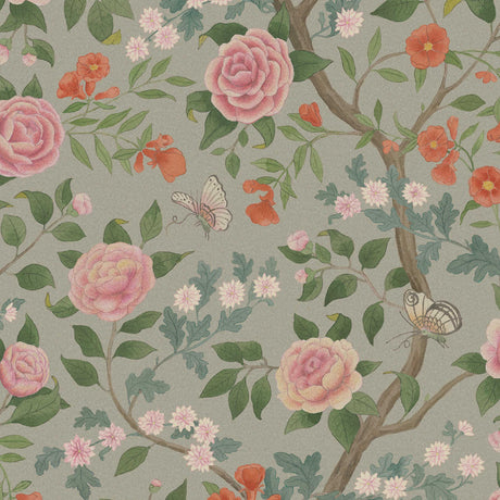 Kamelia wallpaper by Boråstapeter for Schumacher featuring a hand-painted floral and butterfly motif in natural colors.