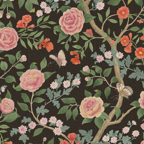 Kamelia wallpaper by Boråstapeter for Schumacher featuring a hand-painted floral and butterfly motif on a black background.