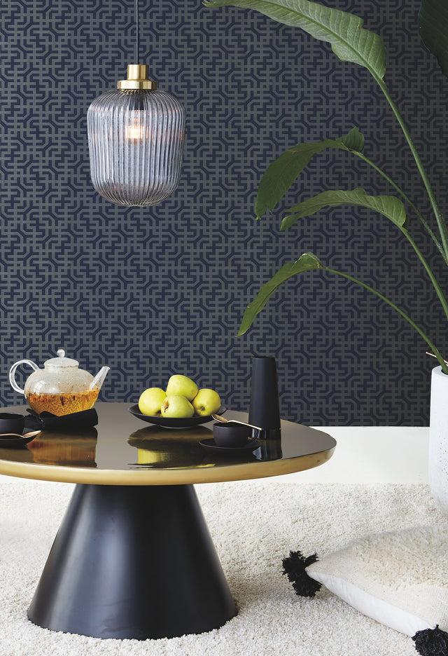 Dynastic Lattice Navy Wallpaper