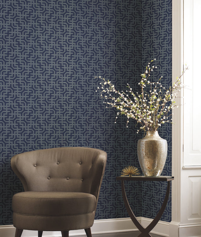 Dynastic Lattice Navy Wallpaper