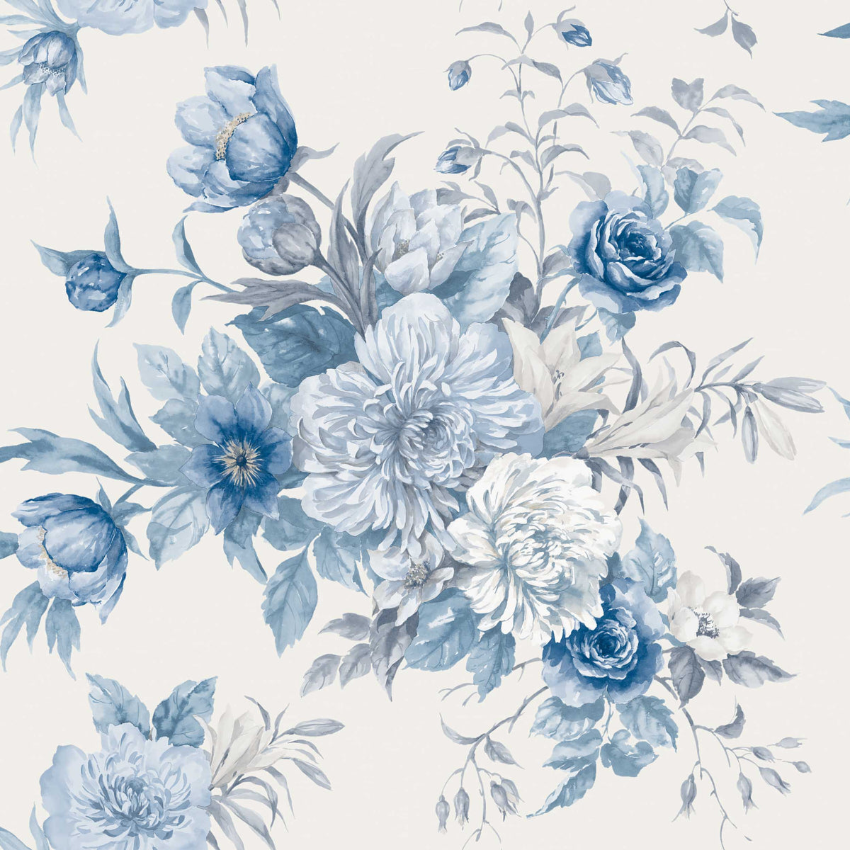 Blue and white floral wallpaper with peonies, lilies, anemones, and roses by Boråstapeter for Schumacher.