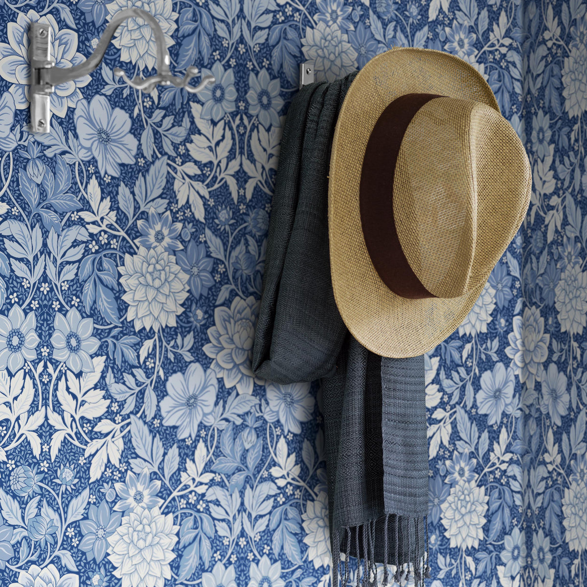 Dahlia Garden Blue and White by Boråstapeter Arts and Crafts Floral Wallpaper – Schumacher 6141
