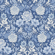 Dahlia Garden wallpaper in blue and white with stylized cosmos and dahlias in an Arts and Crafts style by Boråstapeter for Schumacher.
