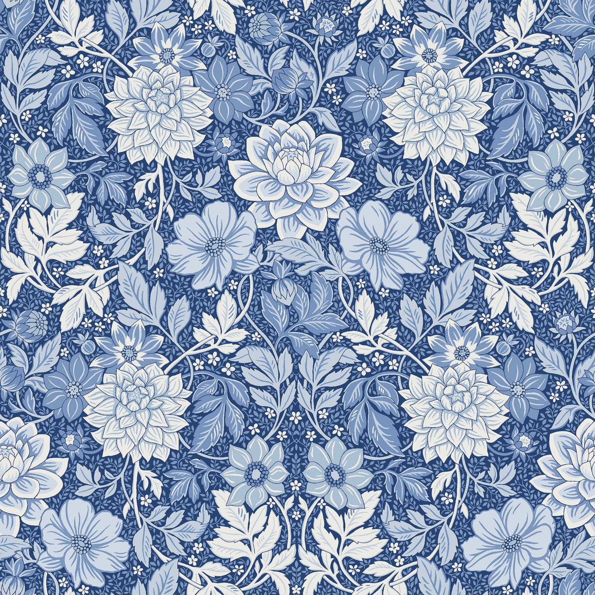 Dahlia Garden wallpaper in blue and white with stylized cosmos and dahlias in an Arts and Crafts style by Boråstapeter for Schumacher.
