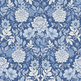 Dahlia Garden wallpaper in blue and white with stylized cosmos and dahlias in an Arts and Crafts style by Boråstapeter for Schumacher.