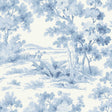 Blue and white pastoral countryside scenic wallpaper with trees and landscape by Boråstapeter, Countryside Morning, Schumacher 6142.