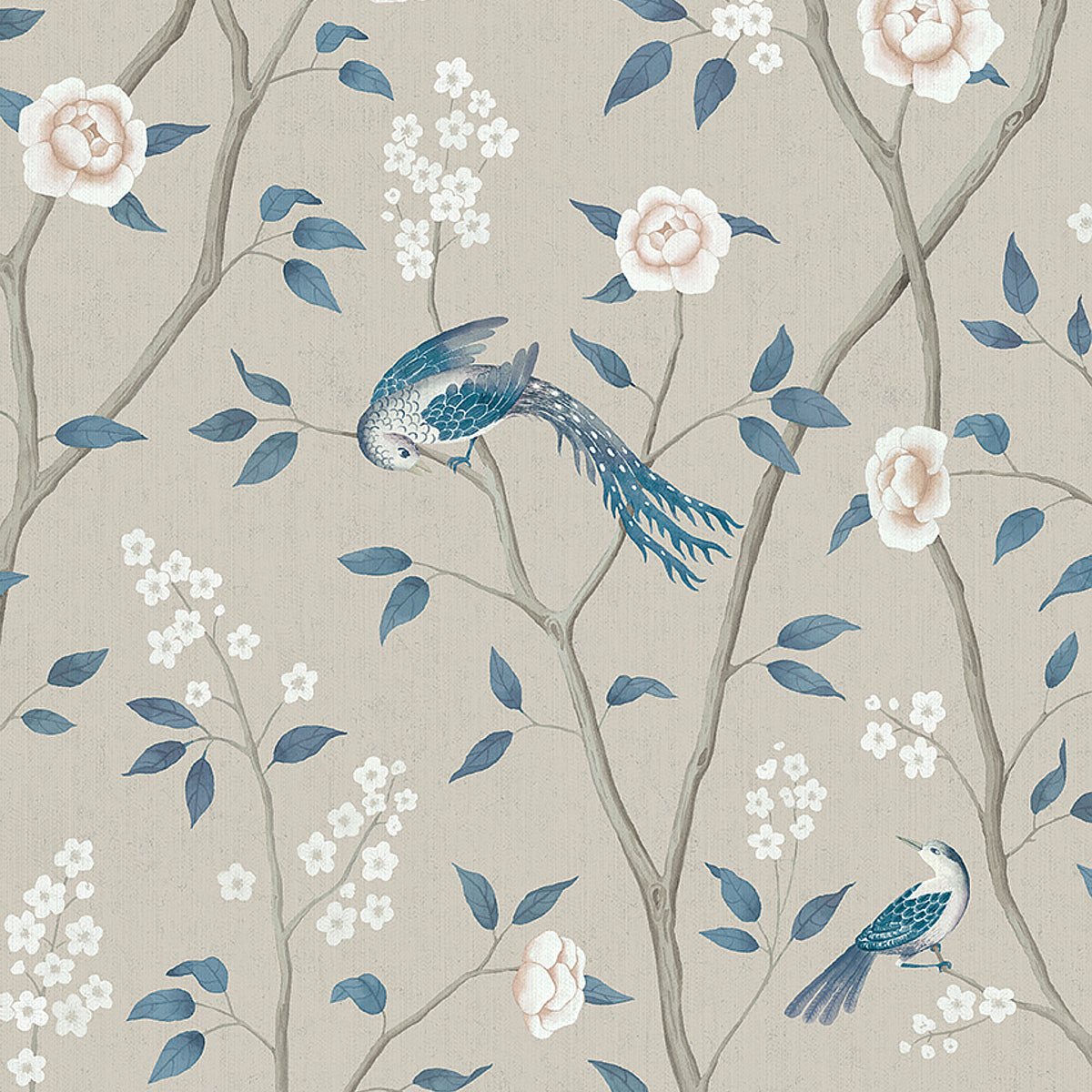 Paradise Birds wallpaper in turquoise shimmer with birds and floral branches by Boråstapeter for Schumacher