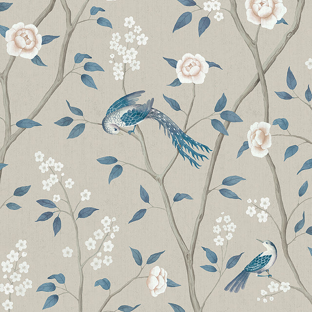 Paradise Birds wallpaper in turquoise shimmer with birds and floral branches by Boråstapeter for Schumacher